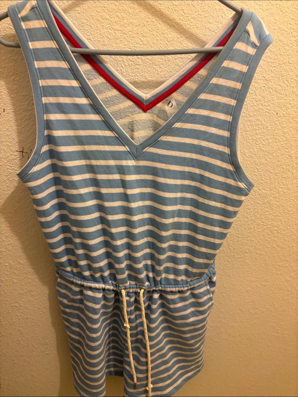 Lou & Grey Light Blue and White Striped Sweater with Red Trim